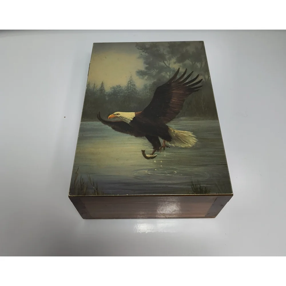 Vintage Wooden Jewelry Trinket Box Bald Eagle Great Smoky‎ Mountains Souvenir